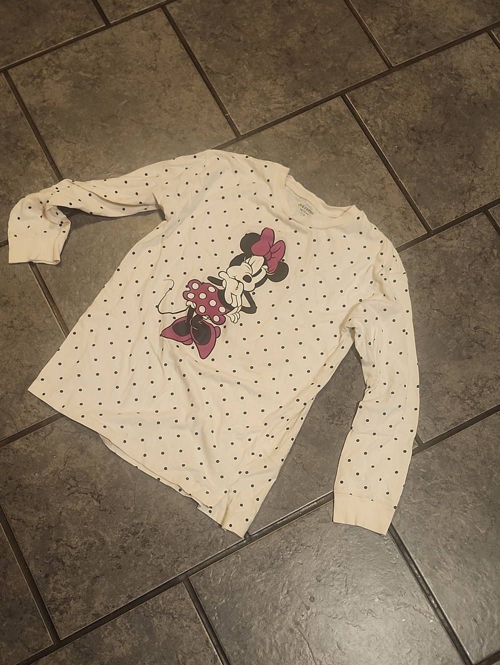 Joe Fresh Cream Polka Dot Long Sleeve Top with Pink Minnie Graphic